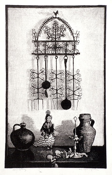 Artist: b'LINDSAY, Lionel' | Title: b'Spanish still life' | Date: 1936 | Technique: b'wood-engraving, printed in black ink, from one block' | Copyright: b'Courtesy of the National Library of Australia' Artist: b'LINDSAY, Lionel' | Title: b'Spanish still life' | Date: 1936 | Technique: b'wood-engraving, printed in black ink, from one block' | Copyright: b'Courtesy of the National Library of Australia'