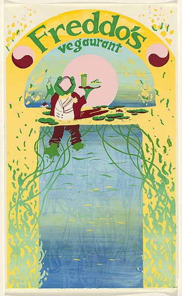 Artist: b'UNKNOWN (UNIVERSITY OF QUEENSLAND STUDENT WORKSHOP)' | Title: bFreddo's Vegaurant | Date: c.1980 | Technique: b'screenprint, printed in colour, from five stencils' Artist: b'UNKNOWN (UNIVERSITY OF QUEENSLAND STUDENT WORKSHOP)' | Title: bFreddo's Vegaurant | Date: c.1980 | Technique: b'screenprint, printed in colour, from five stencils'