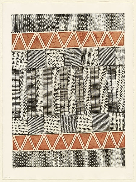 Artist: b'RED HAND PRINT' | Title: b'Black dots and stripes - red ochre triangles' | Date: 1998, 23 July | Technique: b'etching, sugarlift, open-bite and aquatint, printed in colour, from multiple plates' | Copyright: b'\xc2\xa9 Janice Murray and Jilamara Arts + Craft' Artist: b'RED HAND PRINT' | Title: b'Black dots and stripes - red ochre triangles' | Date: 1998, 23 July | Technique: b'etching, sugarlift, open-bite and aquatint, printed in colour, from multiple plates' | Copyright: b'\xc2\xa9 Janice Murray and Jilamara Arts + Craft'