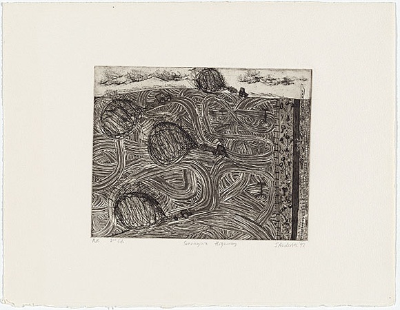 Artist: b'Anderson, Sue.' | Title: b'Sunraysia highway' | Date: 1992 | Technique: b'etching and aquatint, printed in black ink, from one plate' Artist: b'Anderson, Sue.' | Title: b'Sunraysia highway' | Date: 1992 | Technique: b'etching and aquatint, printed in black ink, from one plate'