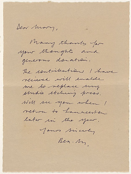 Title: b'Insert: letter of thanks to Mary Page' | Date: 1983 | Technique: b'handwritten letter in black ink'