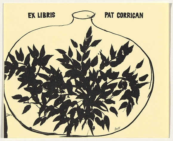 Artist: b'Whiteley, Brett.' | Title: b'Bookplate: Pat Corrigan (Decorated vase)' | Technique: b'offset-lithograph, printed in black ink, from one plate' | Copyright: b'This work appears on the screen courtesy of the estate of Brett Whiteley' Artist: b'Whiteley, Brett.' | Title: b'Bookplate: Pat Corrigan (Decorated vase)' | Technique: b'offset-lithograph, printed in black ink, from one plate' | Copyright: b'This work appears on the screen courtesy of the estate of Brett Whiteley'