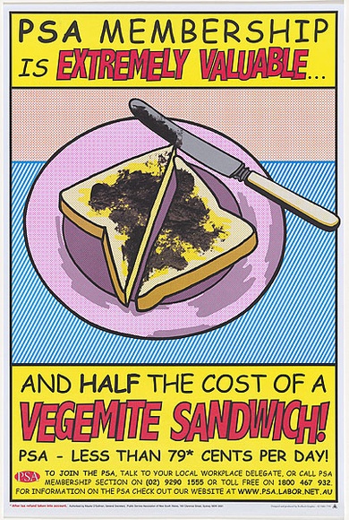 Title: b'Cheaper than a vegemite sandwich' | Date: 2002 | Technique: b'offset-lithograph, printed in colour, from multiple plates' Title: b'Cheaper than a vegemite sandwich' | Date: 2002 | Technique: b'offset-lithograph, printed in colour, from multiple plates'