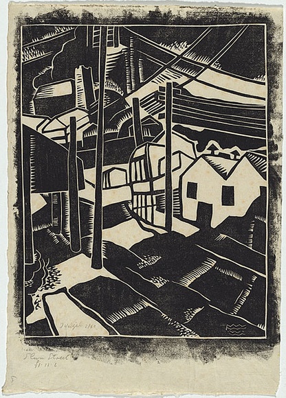 Artist: b'Weitzel, Frank.' | Title: b'Slum Street.' | Date: c.1929 | Technique: b'linocut, printed in black ink, from one block' Artist: b'Weitzel, Frank.' | Title: b'Slum Street.' | Date: c.1929 | Technique: b'linocut, printed in black ink, from one block'
