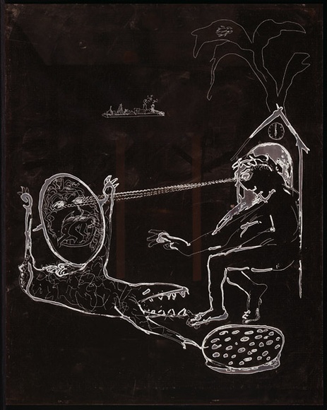 Artist: b'BOYD, Arthur' | Title: b'Plate 130: Jonah page 101. Death and Jonah talk.' | Date: 1972-73 | Technique: b'etched plate' | Copyright: b'This work appears on screen courtesy of Bundanon Trust' Artist: b'BOYD, Arthur' | Title: b'Plate 130: Jonah page 101. Death and Jonah talk.' | Date: 1972-73 | Technique: b'etched plate' | Copyright: b'This work appears on screen courtesy of Bundanon Trust'