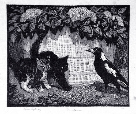 Artist: b'LINDSAY, Lionel' | Title: b'The demon' | Date: 1925 | Technique: b'wood-engraving, printed in black ink, from one block' | Copyright: b'Courtesy of the National Library of Australia' Artist: b'LINDSAY, Lionel' | Title: b'The demon' | Date: 1925 | Technique: b'wood-engraving, printed in black ink, from one block' | Copyright: b'Courtesy of the National Library of Australia'