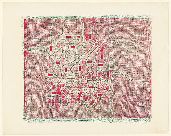 Title: Tribute to Dr. Milligan [pink] | Date: 1965 | Technique: mixed-media relief print printed in colour from 3 plates