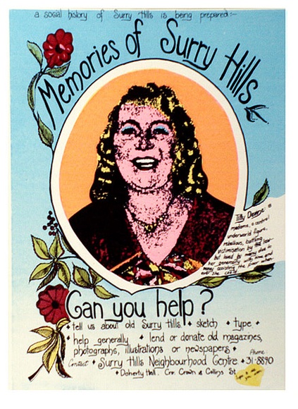 Artist: b'Fieldsend, Jan.' | Title: b'Memories of Surry Hills.Can you help.' | Date: 1979 | Technique: b'screenprint, printed in colour, from multiple stencils' Artist: b'Fieldsend, Jan.' | Title: b'Memories of Surry Hills.Can you help.' | Date: 1979 | Technique: b'screenprint, printed in colour, from multiple stencils'