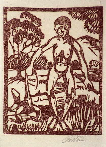 Artist: b'Stephen, Clive.' | Title: b'(Nude in landscape)' | Date: c.1948 | Technique: b'linocut, printed in brown ink, from one block' Artist: b'Stephen, Clive.' | Title: b'(Nude in landscape)' | Date: c.1948 | Technique: b'linocut, printed in brown ink, from one block'