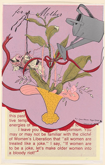 Artist: b'EARTHWORKS POSTER COLLECTIVE' | Title: b'For Mother' | Date: 1977 | Technique: b'screenprint, printed in colour, from multiple stencils' | Copyright: b'\xc2\xa9 Marie McMahon. Licensed by VISCOPY, Australia' Artist: b'EARTHWORKS POSTER COLLECTIVE' | Title: b'For Mother' | Date: 1977 | Technique: b'screenprint, printed in colour, from multiple stencils' | Copyright: b'\xc2\xa9 Marie McMahon. Licensed by VISCOPY, Australia'