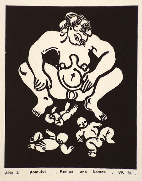Artist: b'Reid, Virginia' | Title: b'Romulus, Remus and Romeo' | Date: 1992, June | Technique: b'linocut, printed in black ink, from one block' Artist: b'Reid, Virginia' | Title: b'Romulus, Remus and Romeo' | Date: 1992, June | Technique: b'linocut, printed in black ink, from one block'