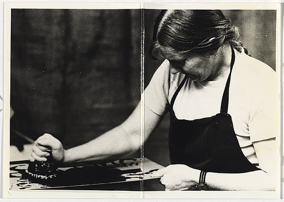 Title: b'ANU Christmas card, inking a plate' | Date: 1976 | Technique: b'gelatin-silver print; handwritten inscription in black and blue ink' Title: b'ANU Christmas card, inking a plate' | Date: 1976 | Technique: b'gelatin-silver print; handwritten inscription in black and blue ink'