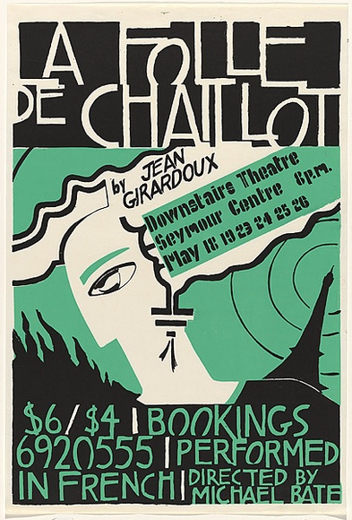 Artist: b'Roberts, Tim.' | Title: b'A Folle De Chaillot by Jean Girardoux, directed by Michael Bate' | Date: 1984, May | Technique: b'screenprint, printed in colour, from two stencils' Artist: b'Roberts, Tim.' | Title: b'A Folle De Chaillot by Jean Girardoux, directed by Michael Bate' | Date: 1984, May | Technique: b'screenprint, printed in colour, from two stencils'
