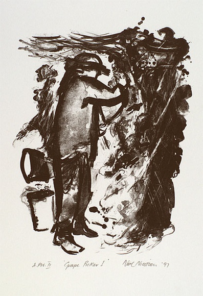 Artist: b'NICOLSON, Noel' | Title: b'Grape picker I' | Date: 1997, May | Technique: b'lithograph, printed in black ink, from one plate' Artist: b'NICOLSON, Noel' | Title: b'Grape picker I' | Date: 1997, May | Technique: b'lithograph, printed in black ink, from one plate'