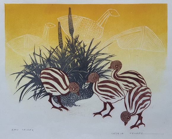 Artist: Thorpe, Lesbia. | Title: Emu chicks. | Technique: linocut, printed in colour inks, from multiple blocks