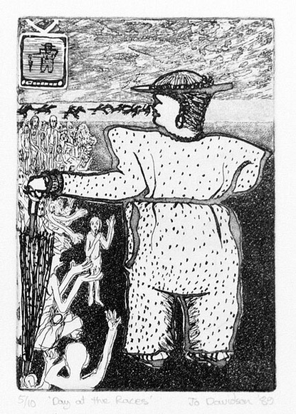 Artist: b'Davidson, Jo.' | Title: b'Day at the Races.' | Date: 1989 | Technique: b'etching, printed in black ink, from one plate' | Copyright: b'\xc2\xa9 Jo Davidson. Licensed by VISCOPY, Australia' Artist: b'Davidson, Jo.' | Title: b'Day at the Races.' | Date: 1989 | Technique: b'etching, printed in black ink, from one plate' | Copyright: b'\xc2\xa9 Jo Davidson. Licensed by VISCOPY, Australia'