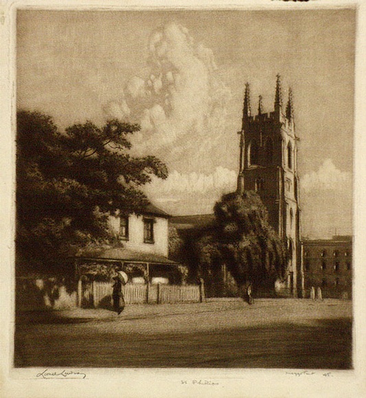 Artist: b'LINDSAY, Lionel' | Title: bSt Philip's church, Sydney | Date: 1919 | Technique: b'mezzotint and etching, printed in brown ink, from one plate' | Copyright: b'Courtesy of the National Library of Australia' Artist: b'LINDSAY, Lionel' | Title: bSt Philip's church, Sydney | Date: 1919 | Technique: b'mezzotint and etching, printed in brown ink, from one plate' | Copyright: b'Courtesy of the National Library of Australia'