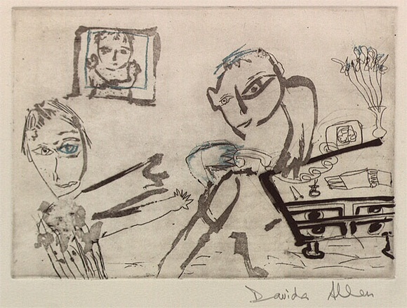 Artist: b'Allen, Davida' | Title: b'Romance is a ghastly business' | Date: 1991, July - September | Technique: b'etching and aquatint, printed in colour, from one plate' Artist: b'Allen, Davida' | Title: b'Romance is a ghastly business' | Date: 1991, July - September | Technique: b'etching and aquatint, printed in colour, from one plate'
