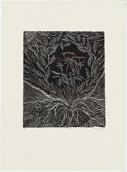 Artist: b'Mahoney, Bianca.' | Title: b'Rose garden' | Date: c.1998 | Technique: b'linocut, printed in black ink, from one block; hand-coloured' Artist: b'Mahoney, Bianca.' | Title: b'Rose garden' | Date: c.1998 | Technique: b'linocut, printed in black ink, from one block; hand-coloured'