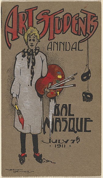 Artist: b'Lorimer, Vernon.' | Title: bArt students' annual bal masque | Date: 1911 | Technique: b'lineblock, printed in black ink, from one block; hand-coloured' Artist: b'Lorimer, Vernon.' | Title: bArt students' annual bal masque | Date: 1911 | Technique: b'lineblock, printed in black ink, from one block; hand-coloured'