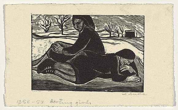 Artist: b'Groblicka, Lidia.' | Title: b'Resting girls' | Date: 1956-57 | Technique: b'woodcut, printed in black ink, from one block' Artist: b'Groblicka, Lidia.' | Title: b'Resting girls' | Date: 1956-57 | Technique: b'woodcut, printed in black ink, from one block'