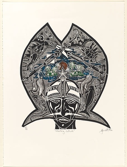Title: b'Inheriting culture.' | Date: 1995 | Technique: b'linocut, printed in black ink, from one block; hand-coloured' Title: b'Inheriting culture.' | Date: 1995 | Technique: b'linocut, printed in black ink, from one block; hand-coloured'