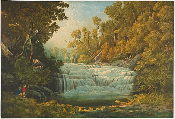 Artist: b'Chevalier, Nicholas.' | Title: bParker's River waterfall, Cape Otway. | Date: (1865) | Technique: b'lithograph, printed in colour, from multiple stones' Artist: b'Chevalier, Nicholas.' | Title: bParker's River waterfall, Cape Otway. | Date: (1865) | Technique: b'lithograph, printed in colour, from multiple stones'