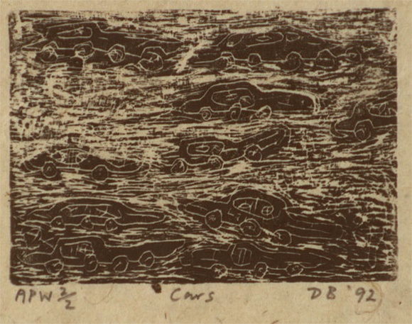 Artist: b'Bowen, Dean.' | Title: b'Cars' | Date: 1992 | Technique: b'etching, printed in black ink, from one plate' Artist: b'Bowen, Dean.' | Title: b'Cars' | Date: 1992 | Technique: b'etching, printed in black ink, from one plate'
