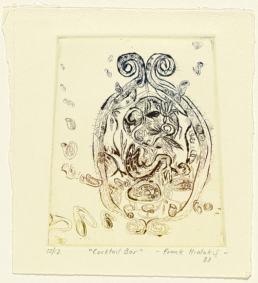 Artist: b'Hiotakis, Frank.' | Title: b'Cocktail bar' | Date: 1988 | Technique: b'drypoint, printed in colour, from one plate' | Copyright: b'\xc2\xa9 Frank Hiotakis, Australia' Artist: b'Hiotakis, Frank.' | Title: b'Cocktail bar' | Date: 1988 | Technique: b'drypoint, printed in colour, from one plate' | Copyright: b'\xc2\xa9 Frank Hiotakis, Australia'