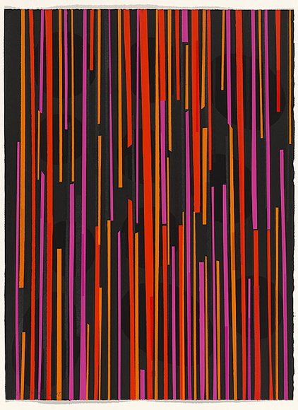 Title: not titled [vertical lines in red, orange and pink over black irregular circles] | Date: 2007 | Technique: screenprint, printed in colour, from multiple stencils