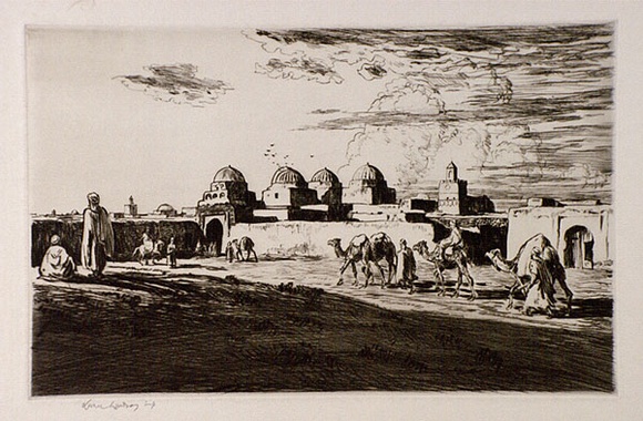 Artist: b'LINDSAY, Lionel' | Title: b'The Mosque of the Sabres, Kairouan, Tunisia' | Date: 1929 | Technique: b'drypoint, printed in warm black ink with plate-tone, from one plate' | Copyright: b'Courtesy of the National Library of Australia' Artist: b'LINDSAY, Lionel' | Title: b'The Mosque of the Sabres, Kairouan, Tunisia' | Date: 1929 | Technique: b'drypoint, printed in warm black ink with plate-tone, from one plate' | Copyright: b'Courtesy of the National Library of Australia'