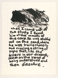Artist: Heyes, Ken. | Title: When I came out of the study, I found him at the mouth of the cave. He was stretched out on the sand, where he was tracing clumsily and erasing a string of signs that, like the letters in our dreams; seem on the verge... | Date: 1984 | Technique: photocopy
