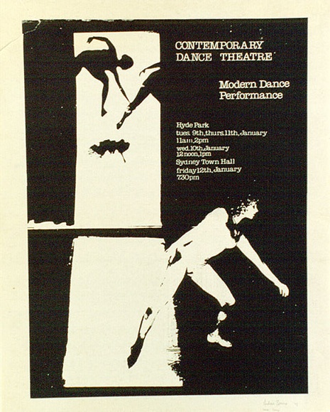 Artist: b'Speirs, Andrew.' | Title: b'Contemporary Dance Theatre: Modern Dance performance, Hyde Park ... Sydney Town Hall' | Date: 1979 | Technique: b'screenprint' Artist: b'Speirs, Andrew.' | Title: b'Contemporary Dance Theatre: Modern Dance performance, Hyde Park ... Sydney Town Hall' | Date: 1979 | Technique: b'screenprint'