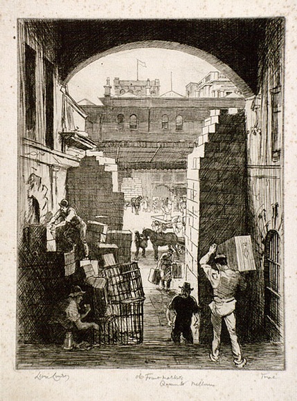 Artist: b'LINDSAY, Lionel' | Title: b'Old fruit markets, Queen Street, Melbourne' | Date: 1917 | Technique: b'etching, printed in black ink, from one plate' | Copyright: b'Courtesy of the National Library of Australia' Artist: b'LINDSAY, Lionel' | Title: b'Old fruit markets, Queen Street, Melbourne' | Date: 1917 | Technique: b'etching, printed in black ink, from one plate' | Copyright: b'Courtesy of the National Library of Australia'