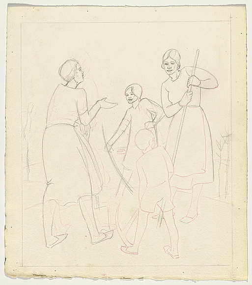 Artist: b'Spowers, Ethel.' | Title: bDrawing relating to the linocut 'A new orchard' | Date: (c.1933) | Technique: b'pencil, traced over in red pencil for linocut' Artist: b'Spowers, Ethel.' | Title: bDrawing relating to the linocut 'A new orchard' | Date: (c.1933) | Technique: b'pencil, traced over in red pencil for linocut'