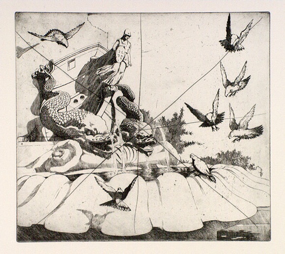 Artist: b'FEINT, Adrian' | Title: b'(Fountain with pigeons).' | Date: c.1922 | Technique: b'etching, printed in black ink, from one plate' | Copyright: b'Courtesy the Estate of Adrian Feint' Artist: b'FEINT, Adrian' | Title: b'(Fountain with pigeons).' | Date: c.1922 | Technique: b'etching, printed in black ink, from one plate' | Copyright: b'Courtesy the Estate of Adrian Feint'