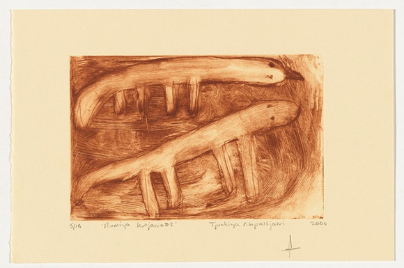 Artist: b'Napaltjarri, Tjunkiya.' | Title: b'Rumiya kutjarra #2' | Date: 2004 | Technique: b'drypoint etching, printed in brown ink, from one perspex plate' Artist: b'Napaltjarri, Tjunkiya.' | Title: b'Rumiya kutjarra #2' | Date: 2004 | Technique: b'drypoint etching, printed in brown ink, from one perspex plate'