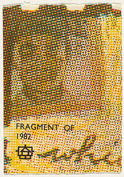 Title: b'Christmas card: Fragment of 1982' | Date: 1982 | Technique: b'lino-cut and photo-etching, printed in colour, from three blocks; monotype letterpress; hand-written inscription' Title: b'Christmas card: Fragment of 1982' | Date: 1982 | Technique: b'lino-cut and photo-etching, printed in colour, from three blocks; monotype letterpress; hand-written inscription'