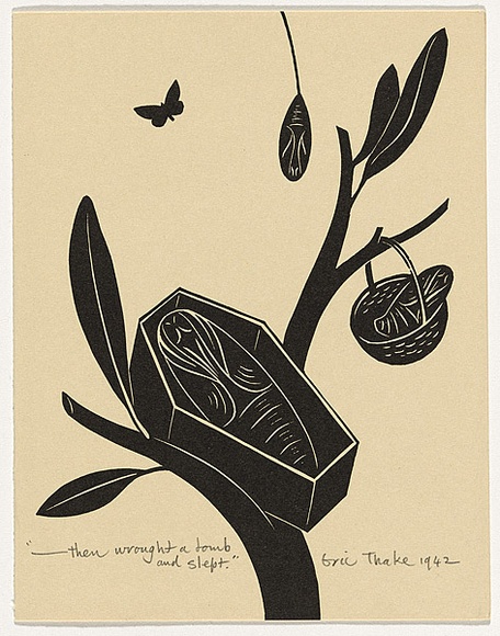 Artist: b'Thake, Eric.' | Title: b'Greeting card: Christmas (...Then wrought a tomb and slept)' | Date: 1942 | Technique: b'linocut, printed in black ink, from one block' Artist: b'Thake, Eric.' | Title: b'Greeting card: Christmas (...Then wrought a tomb and slept)' | Date: 1942 | Technique: b'linocut, printed in black ink, from one block'