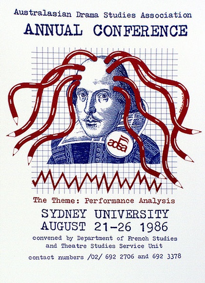 Artist: b'Stejskal, Josef Lada.' | Title: b'Australasian Drama Studies Association: Annual Conference ... Sydney University ... 1986' | Date: 1986 | Technique: b'offset-lithograph, printed in black ink, from one plate' Artist: b'Stejskal, Josef Lada.' | Title: b'Australasian Drama Studies Association: Annual Conference ... Sydney University ... 1986' | Date: 1986 | Technique: b'offset-lithograph, printed in black ink, from one plate'