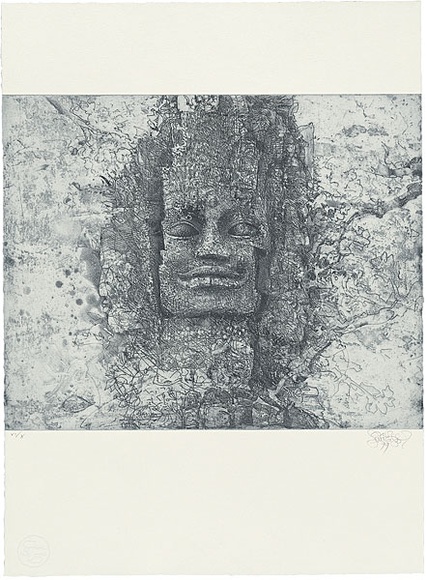 Title: b'Face above the west gate of Angkor Thom' | Date: 1999 | Technique: b'etching and aquatint, printed in blue/black ink, from one plate' Title: b'Face above the west gate of Angkor Thom' | Date: 1999 | Technique: b'etching and aquatint, printed in blue/black ink, from one plate'