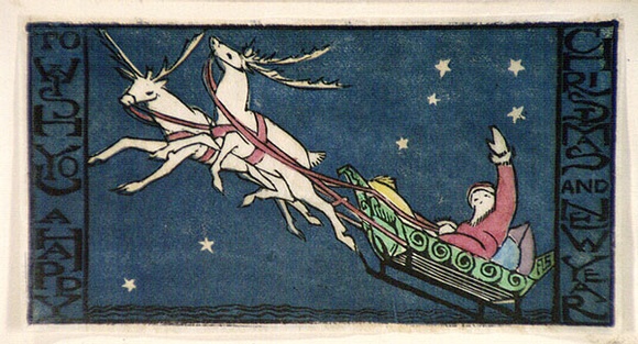 Artist: b'Spowers, Ethel.' | Title: b'Greeting card: To wish you a happy Christmas and New Year, 1929' | Date: 1929 | Technique: b'linocut, printed in colour, from multiple blocks' Artist: b'Spowers, Ethel.' | Title: b'Greeting card: To wish you a happy Christmas and New Year, 1929' | Date: 1929 | Technique: b'linocut, printed in colour, from multiple blocks'