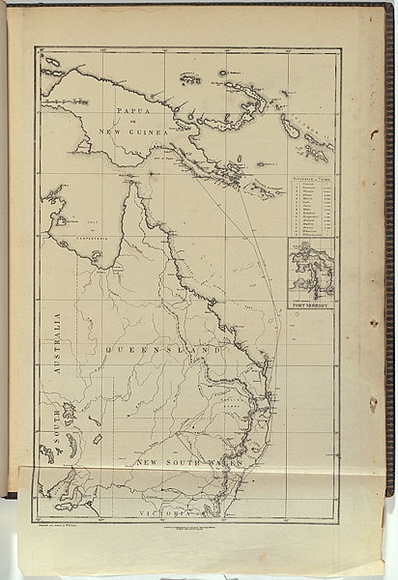 Title: b'Map of route from Sydney to New Guinea of the Detached Squadron expedition to New Guinea' | Technique: b'lithograph, printed in black ink, from one stone' Title: b'Map of route from Sydney to New Guinea of the Detached Squadron expedition to New Guinea' | Technique: b'lithograph, printed in black ink, from one stone'