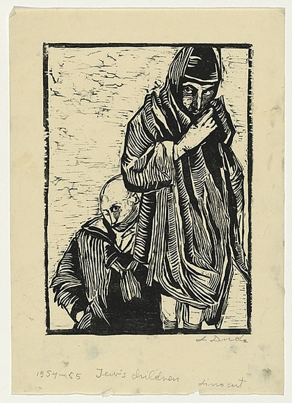 Artist: b'Groblicka, Lidia.' | Title: bJew's children | Date: 1954-55 | Technique: b'linocut, printed in black ink, from one block' Artist: b'Groblicka, Lidia.' | Title: bJew's children | Date: 1954-55 | Technique: b'linocut, printed in black ink, from one block'