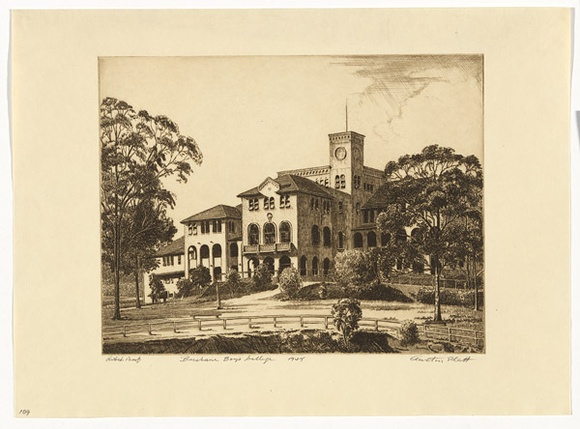 Artist: b'PLATT, Austin' | Title: b'Brisbane Boys College' | Date: 1945 | Technique: b'etching, printed in black ink, from one plate' Artist: b'PLATT, Austin' | Title: b'Brisbane Boys College' | Date: 1945 | Technique: b'etching, printed in black ink, from one plate'
