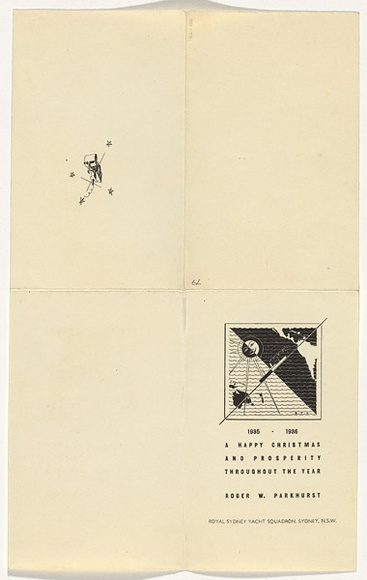 Artist: b'Annand, Douglas.' | Title: b'Christmas card for Roger W. Parkhurst, Royal Sydney Yacht Squadron.' | Date: 1935 | Technique: b'letterpress, printed in black ink' | Copyright: b'\xc2\xa9 A.M. Annand' Artist: b'Annand, Douglas.' | Title: b'Christmas card for Roger W. Parkhurst, Royal Sydney Yacht Squadron.' | Date: 1935 | Technique: b'letterpress, printed in black ink' | Copyright: b'\xc2\xa9 A.M. Annand'