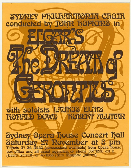 Artist: b'PHILLIPS, Peter' | Title: bElgar's The dream of Gerontius...Opera House Concert Hall | Date: 1976 | Technique: b'screenprint, printed in colour, from two stencils' Artist: b'PHILLIPS, Peter' | Title: bElgar's The dream of Gerontius...Opera House Concert Hall | Date: 1976 | Technique: b'screenprint, printed in colour, from two stencils'
