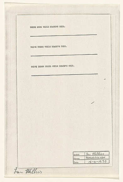 Title: b'Think once while reading this' | Date: 1970 | Technique: b'pen and ink on typescript on offset-lithograph and xerox'