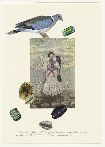 Artist: b'Haby, Gracia.' | Title: b'A blue-faced female black-naped Monarch whispers the secrets of the world to me but I am unimpressed.' | Date: 2007 | Technique: b'offset-lithograph, printed in colour, from multiple plates; collaged addition of cut paper' Artist: b'Haby, Gracia.' | Title: b'A blue-faced female black-naped Monarch whispers the secrets of the world to me but I am unimpressed.' | Date: 2007 | Technique: b'offset-lithograph, printed in colour, from multiple plates; collaged addition of cut paper'