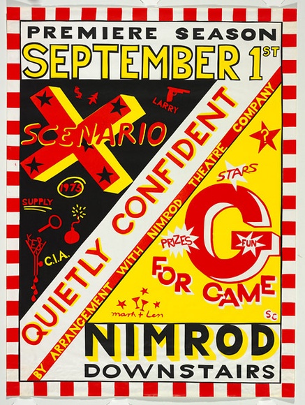 Artist: b'UNKNOWN, Artist' | Title: b'Quietly confident, Nimrod Downstairs' | Date: (1980) | Technique: b'screenprint, printed in colour, from multiple stencils' Artist: b'UNKNOWN, Artist' | Title: b'Quietly confident, Nimrod Downstairs' | Date: (1980) | Technique: b'screenprint, printed in colour, from multiple stencils'